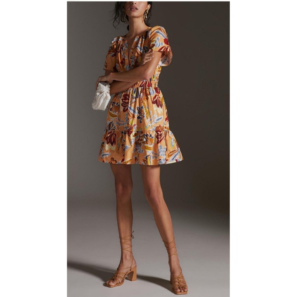Anthropologie Somerset Mini Dress Yellow Floral Botanical Smocked Plus 3X